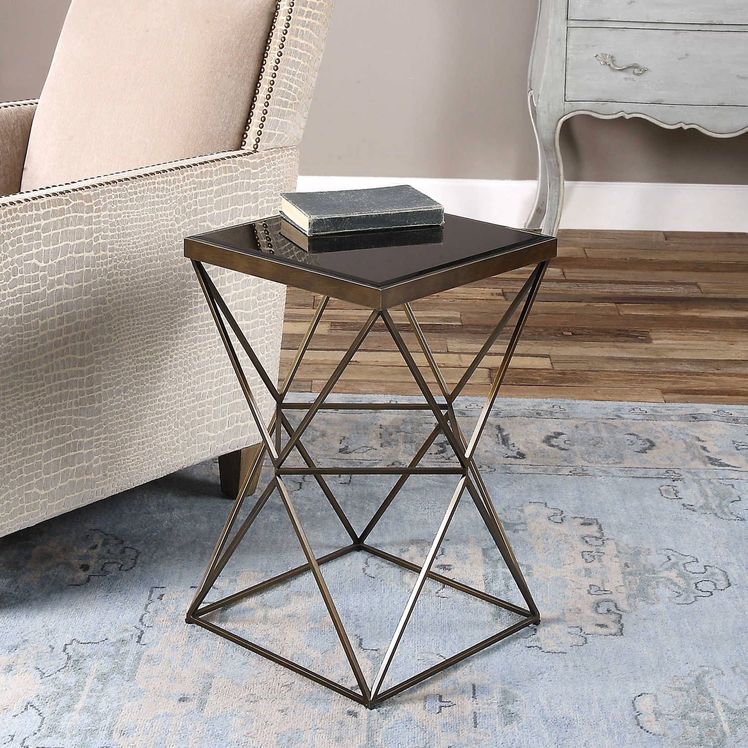 thin console table Uttermost Accent & End Tables Featuring A Modern Geometric Style Base In Antique Bronze Finished Steel, Topped With Beveled Black Tempered Glass.