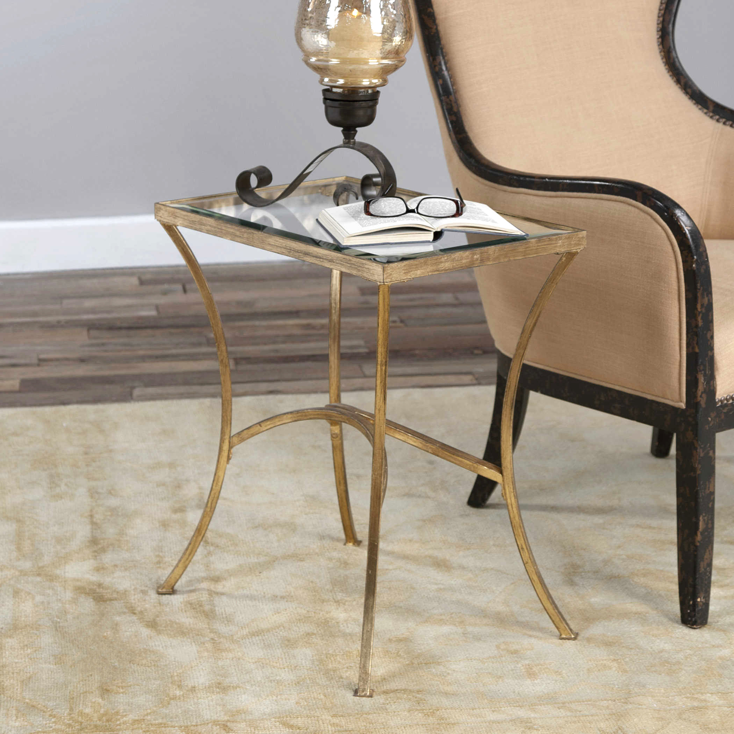 black oak coffee table Uttermost Accent & End Tables Gracefully Arched Hand Forged Iron Finished In Heavily Antiqued Gold Leaf.  Top Is Clear Beveled Tempered Glass. Matthew Williams