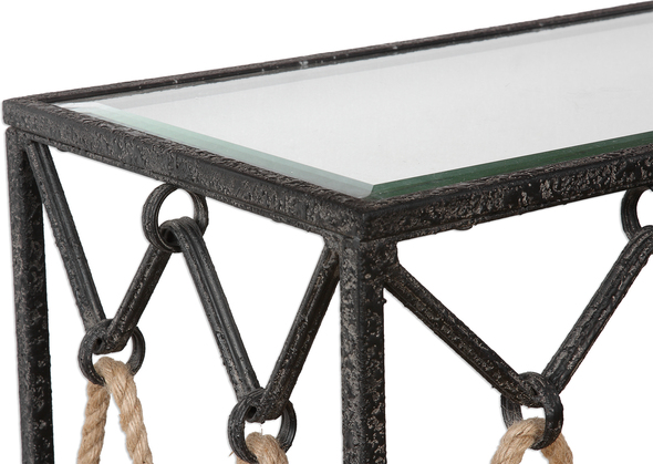 black metal table base Uttermost  Console & Sofa Tables Nautical Rope Details Cross Threaded Through Rings Of Thick Hand Forged Iron With An Aged Black Finish. Top Is Clear Glass.