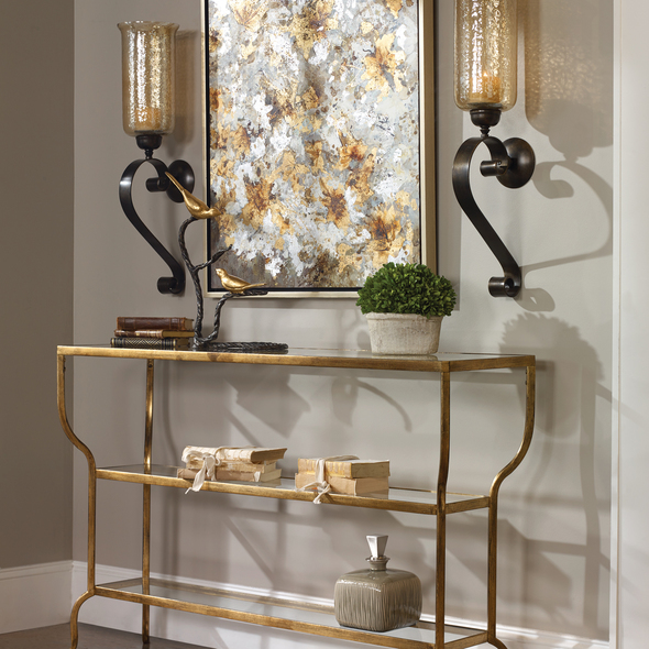 entrance way table Uttermost  Console & Sofa Tables Elegantly Curved Frame Accentuates The Graduated Top Of This Console In Hand Forged Iron With An Antiqued Gold Finish. Shelves Are Clear Tempered Glass.