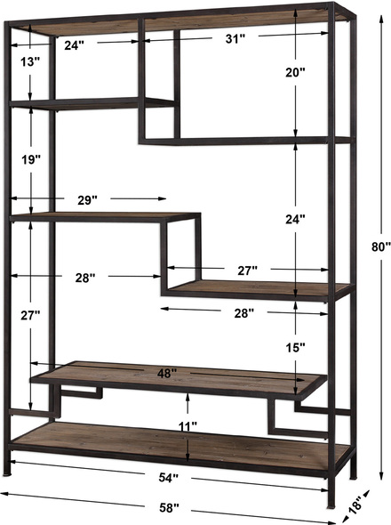 open display shelving unit Uttermost Etagere Shelves and Bookcases This Six-shelf Design Offers Fun Display Options With Staggered Multi-level Shelving Using Reclaimed Pine Framed In Iron With An Aged Black Finish. Solid Wood Will Continue To Move With Temperature And Humidity Changes, Which Can Result In Small Cracks And Uneven Surfaces, Adding To Its Authenticity And Character.