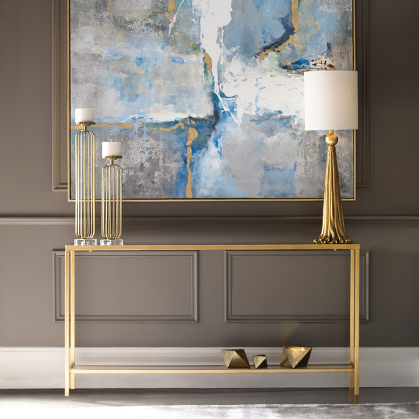 couch table with stools Uttermost  Console & Sofa Tables Classic And Minimalistic, This Narrow Console Table In Iron Is Finished With Lightly Antiqued Gold Leaf, Inset With A Beveled Mirrored Top, And Gallery Shelf In Clear Glass.
