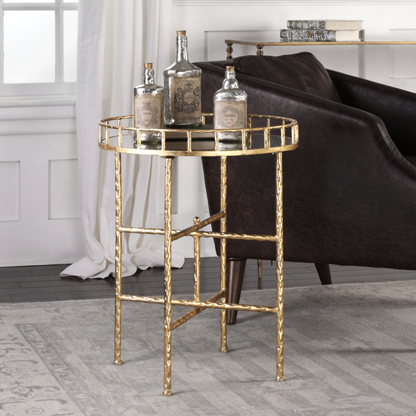 tall narrow bedside table Uttermost Accent & End Tables Add A Touch Of Glam With This Accent Table Featuring A Mirrored Tray Styled Top On A Cross Bar Base Finished In Bright Gold Leaf.