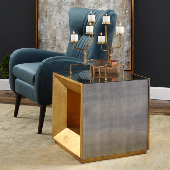 glass coffee Uttermost Accent & End Tables A Fun Accent That Can Be Doubled As A Coffee Table, Faceted With Lightly Antiqued Mirror, Accented With Open Beveled Ends In Antiqued Gold Leaf.