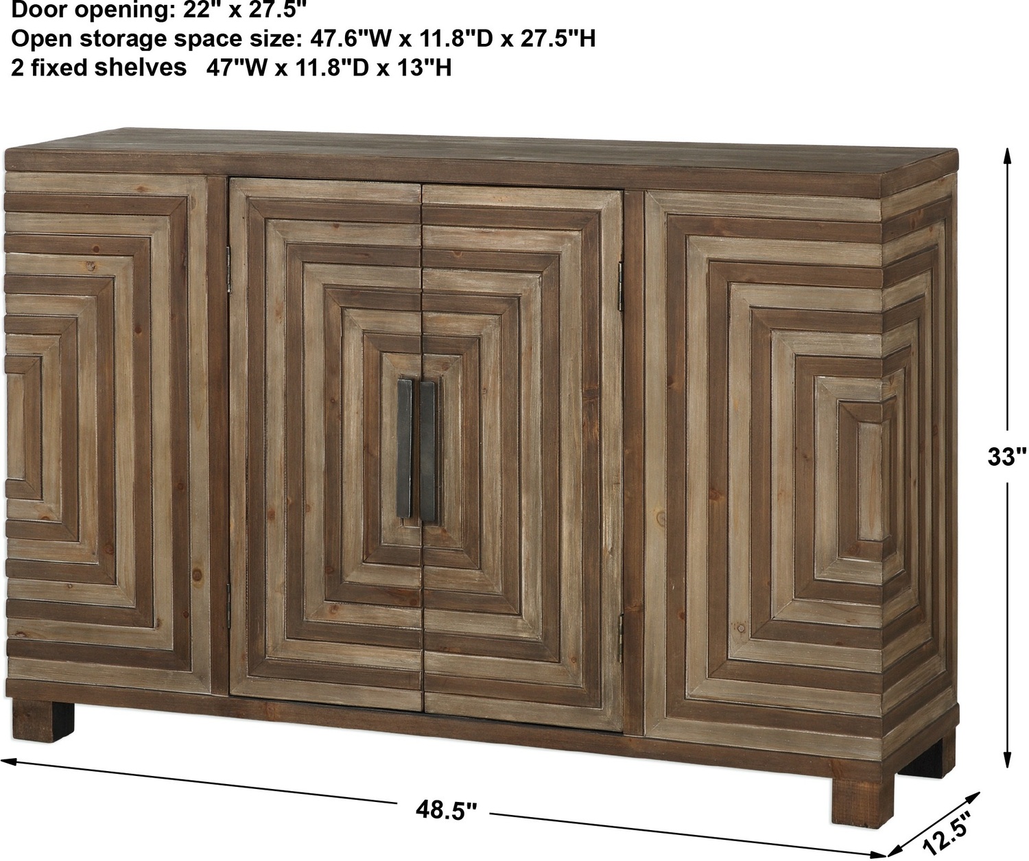 chest drawer cabinet Uttermost Console Cabinets Geometric Parquetry Style Console, With Rustic Two-toned Fir Veneer And Old Iron Bar Pulls. Center Portion Opens To Two Fixed Interior Shelves.