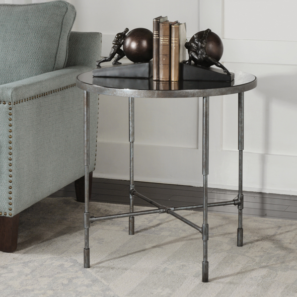 oak hall table Uttermost Accent & End Tables Clean Industrial Styling, Finished In An Aged Steel Finished Iron With Rust Accents, Featuring Details Reminiscent Of Authentic Pipe Fittings, With A Smoke Glass Top.