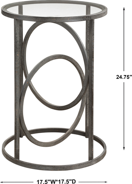 side table living room decor Uttermost Accent & End Tables Interlocking Loops Of Chunky Hand Forged Iron Finished In A Textured Aged Black With Gold Highlights. Top Is Clear Glass.