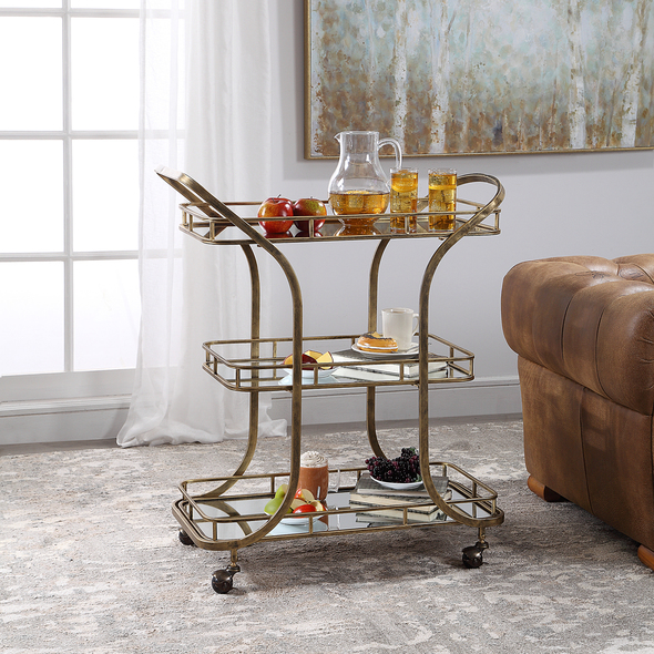 3 door storage cabinet Uttermost Serving Cart / Kitchen Island Hand Forged In Solid Iron, This Transitional Bar Cart Features Three Tray Style Mirrored Shelves Finished In Antiqued Gold, Complete With Rolling Casters.