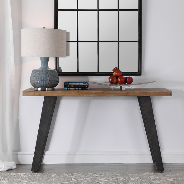 corner table with shelves Uttermost  Console & Sofa Tables Constructed From Natural Fir Wood, This Console Table Features A Weathered Oak Finished Top Showcasing The Natural Wood Grain, Supported With Industrial Metal Legs Finished In A Textured, Aged Black Finish.