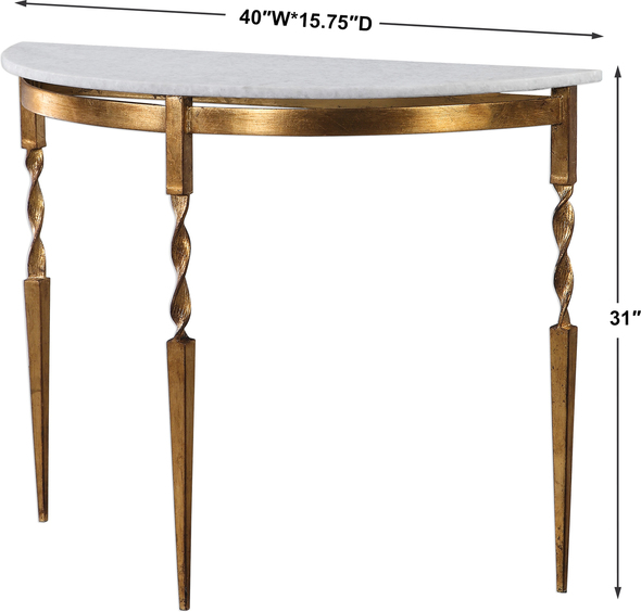 natural wood accent table Uttermost  Console & Sofa Tables Elegant In Design, This Demilune Console Table Features A Polished, White Marble Top. The Solid Cast Iron Base Is Accented With Twist Details And Tapered Legs In A Heavily Antiqued Gold Finish.