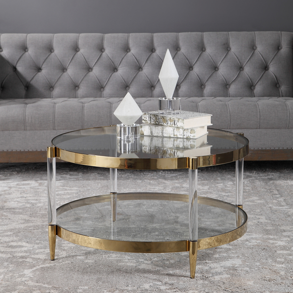 tea table with glass Uttermost Cocktail & Coffee Tables A True Glam Accent, Featuring A Gold Plated Stainless Steel Frame With Clear Glass, Acrylic Legs And Tapered Feet.
