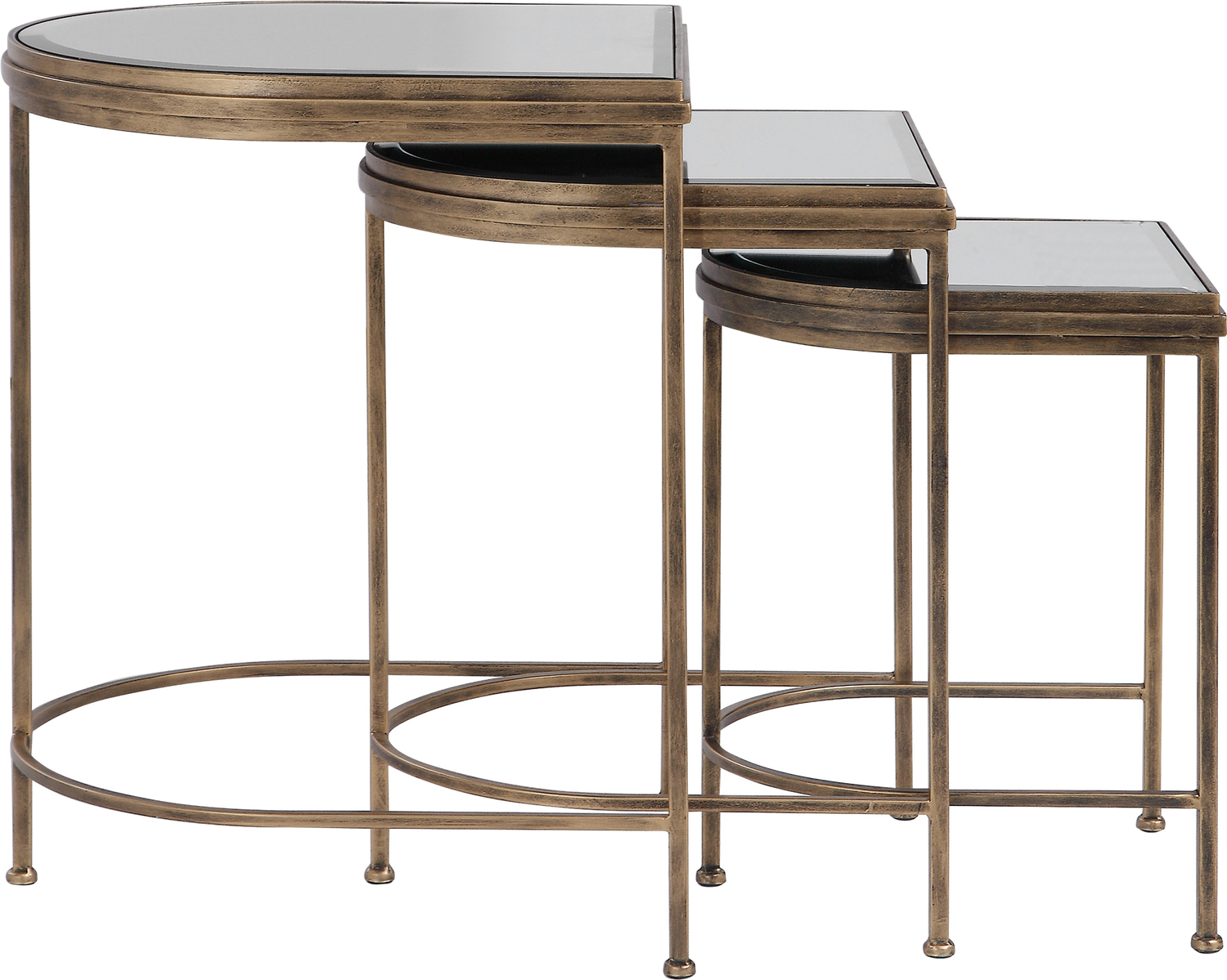 brown glass coffee table Uttermost Accent & End Tables Set Of Three Nesting Tables With An Elegantly Curved Hand Forged Iron Frame, Finished In Antique Brushed Gold With Beveled Mirror Tops.