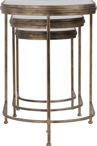 brown glass coffee table Uttermost Accent & End Tables Set Of Three Nesting Tables With An Elegantly Curved Hand Forged Iron Frame, Finished In Antique Brushed Gold With Beveled Mirror Tops.