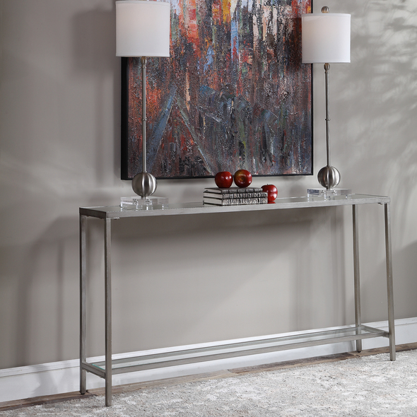 living room furniture tables Uttermost  Console & Sofa Tables Classic And Minimalistic, This Narrow Iron Console Table Is Finished With Lightly Antiqued Silver Leaf, Inset With A Beveled Mirrored Top, And Gallery Shelf In Clear Glass.