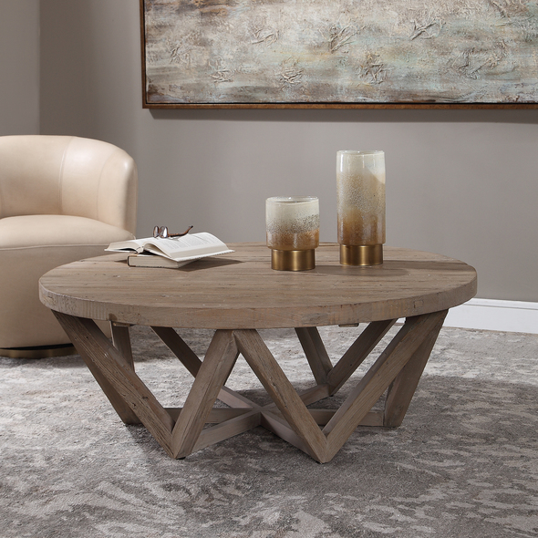 wooden coffee tables Uttermost Cocktail & Coffee Tables Constructed From Reclaimed Elm Wood, This Coffee Table Features Natural Wood Grain And Rustic Texture With A Geometric, Triangle Base. Solid Wood Will Continue To Move With Temperature And Humidity Changes, Which Can Result In Small Cracks And Uneven Surfaces, Adding To Its Authenticity And Character.