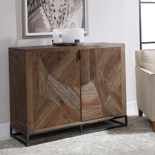 grey dressers for sale Uttermost  Console Cabinet Featuring Abstract Geometric Marquetry Doors In Reclaimed Fir Wood, Sun Faded And Washed In A Walnut Stain, Atop A Forged Iron Base Finished In Aged Gunmetal. Solid Wood Will Continue To Move With Temperature And Humidity Changes, Which Can Result In Cracks And Uneven Surfaces, Adding To Its Authenticity And Character.