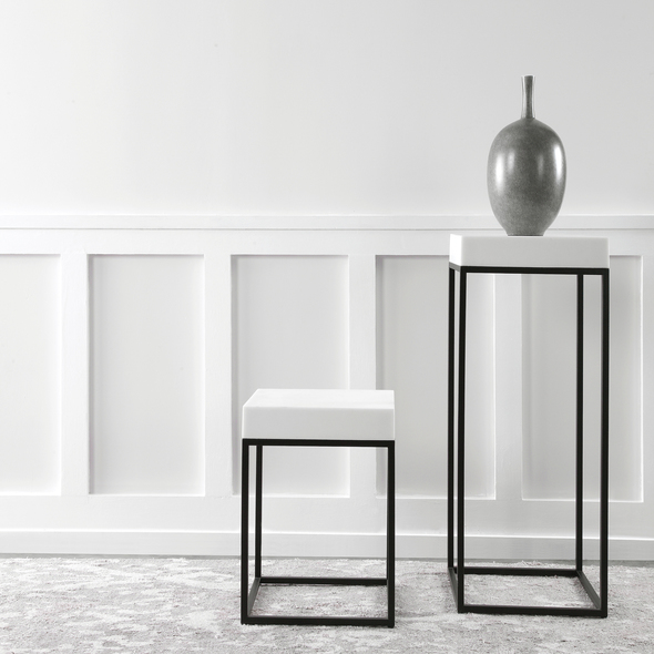 tall skinny bedside table Uttermost Accent & End Tables Accent Tables This Modern Accent Table Combines A White Marble Look, Atop A Simple Steel Base Finished In Aged Black.