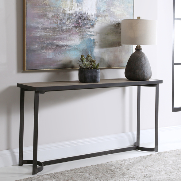 steel console table Uttermost  Console Table Evoking A Modern Lodge Style, This Clean Lined Console Showcases A Natural Oak Veneer Top Finished In A Light Gray, Paired With A Curved Hand Forged Iron Base In Aged Steel With Natural Burnishing.