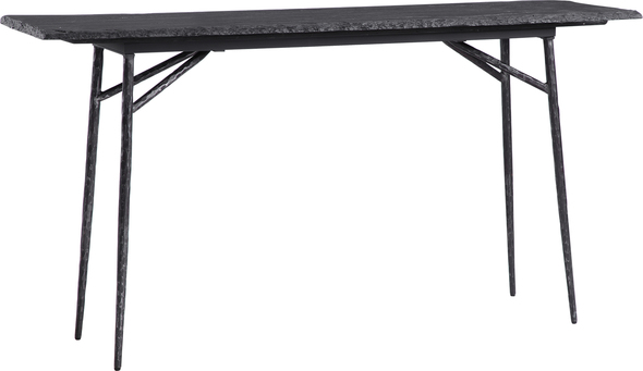 table unique Uttermost  Console Table Showcasing A Modern Industrial Look, This Console Features Naturally Textured Black Slate With Organic Broken Edges. Rests On An Iron Trestle Base With Chiseled Details Finished In Aged Black. Each Top Will Have Naturally Occurring Color Variations Such As Mottling As Well As Naturally Formed Vein Lines, Making Each Piece Unique.