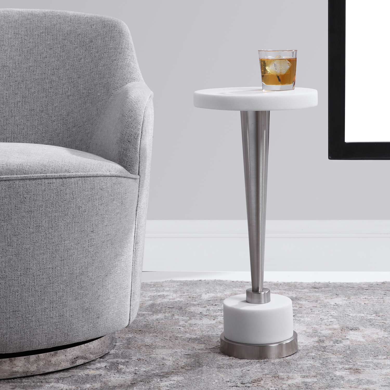 c style end table Uttermost Accent & End Tables A Perfect Landing Spot For A Drink Or A Book, This Mixed Material Accent Elevates The Sophisticated Feel Of A White Marble Look With Modern Accents Of Brushed Nickel Plated Metal.