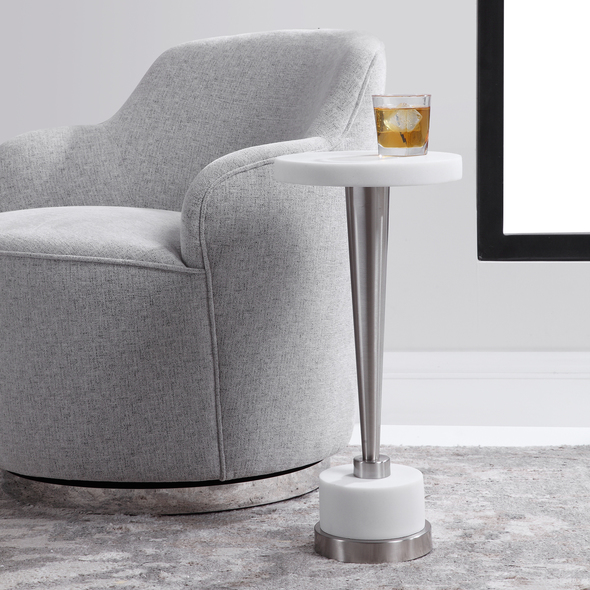 c style end table Uttermost Accent & End Tables A Perfect Landing Spot For A Drink Or A Book, This Mixed Material Accent Elevates The Sophisticated Feel Of A White Marble Look With Modern Accents Of Brushed Nickel Plated Metal.