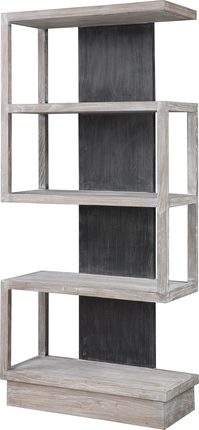 white wooden shelf Uttermost Etageres The Dramatic Contrast Of This Asymmetrical Etagere Gives An Updated Contemporary Feel, Featuring Elm Veneer Shelving Finished In Light Gray, Accented With A Deep Black Recessed Panel With A Light Gray Glazing.