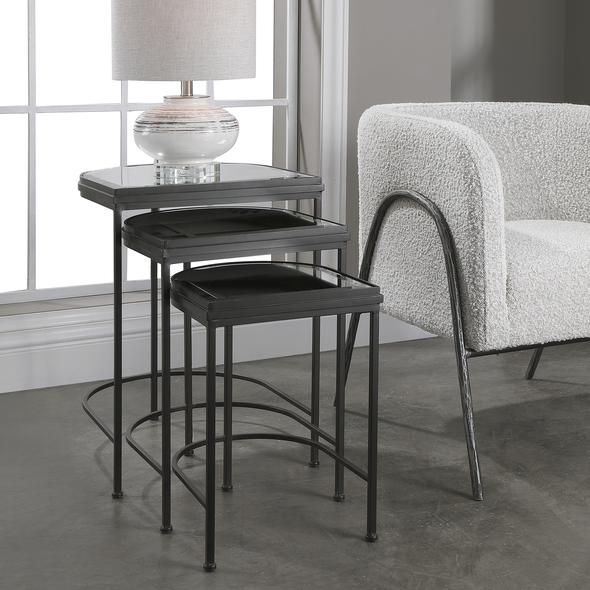black wood end tables Uttermost Accent & End Tables Set Of Three Nesting Tables With An Elegantly Curved Hand Forged Iron Frame, Finished In Matte Black With Beveled Mirror Tops.