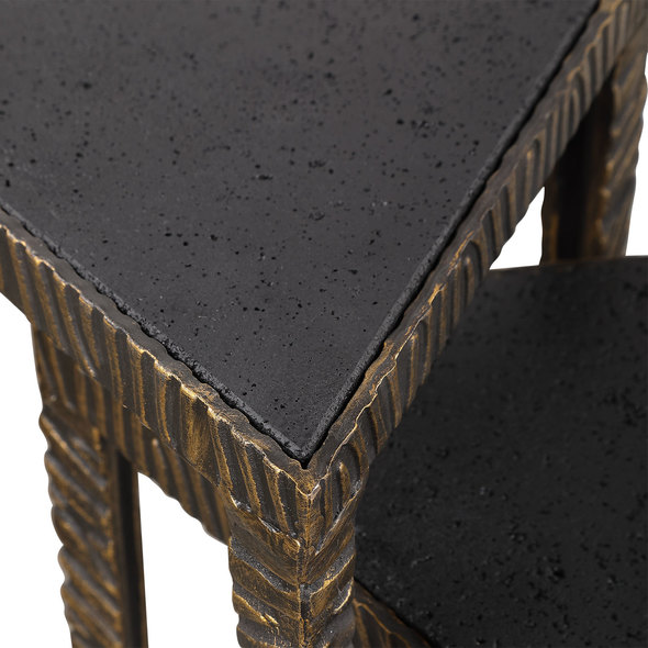 50 console table Uttermost Accent & End Tables Inspired By Global Design And Collected Bohemian Styles, These Triangular Accent Tables Are A Conversation Piece For Any Room. Each Table Features A Cast Iron Base With A Tribal Texture Finished In Dark Bronze And Luxe Gold Tipping, Topped With A Textural Black Lava Stone. S- 12”x 19”x 12”, L- 12”x 23”x 12”