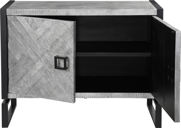 round cabinet Uttermost Chests & Cabinets Showcasing Ties To Bohemian And Global Styles, This Versatile Two Door Cabinet Features A Chiseled Herringbone Pattern In Light Gray And Charcoal Finished Pine Wood With Silver Leaf Highlights, And Accented With Matte Black Iron Hardware And Framework Details. The Charcoal Finished Interior Contains Two Fixed Shelves.