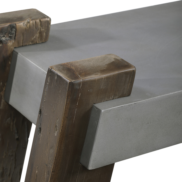 cushioned bench Uttermost Benches This Industrial Inspired Rustic Bench Showcases A Gray Concrete Finish, Accented By Tongue And Groove Supports That Have Been Reclaimed From Decades Old Fishing Vessels Each With Their Unique Holes And Markings. Solid Wood Will Continue To Move With Temperature And Humidity Changes, Which Can Result In Cracks And Uneven Surfaces, Adding To Its Authenticity And Character.