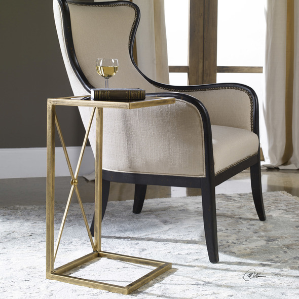 Uttermost Accent & End Tables Accent Tables The Perfect Pull Up Table Featuring A Classic Black And Gold Color Combination In Lightly Antiqued Gold Iron With A Black Tempered Glass Top.