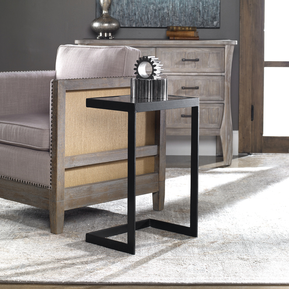 console with stools Uttermost Accent & End Tables A Simplistic Cantilever Design With Classic Style, Features Thick Aged Black Iron With An Open Framed Base, And A Mirrored Top With Linear Antiquing And Distressed Edges.