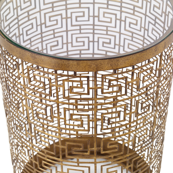 birch side table Uttermost Accent & End Tables Greek Key Inspired Elements Elevate This Slender Drum Table Design In Lightly Antiqued Gold Finished Iron, Topped With Clear Glass.