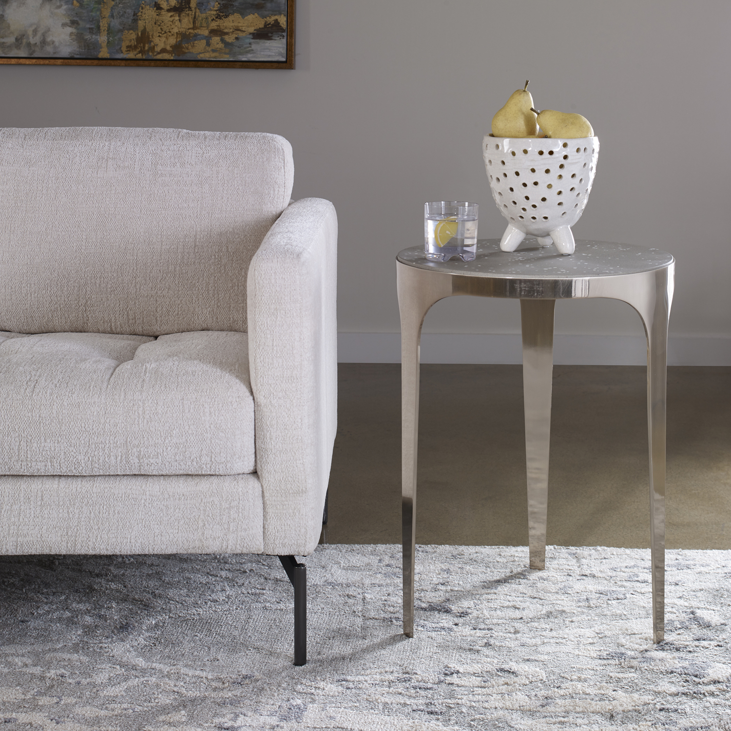 rectangular side table Uttermost Accent & End Tables This Modern Side Table Features A Circular Top Made From Light Gray Concrete With White Fleck Details, Creating A Terrazzo Look. The Sleek Metal Base Is Finished In Plated Brushed Nickel.