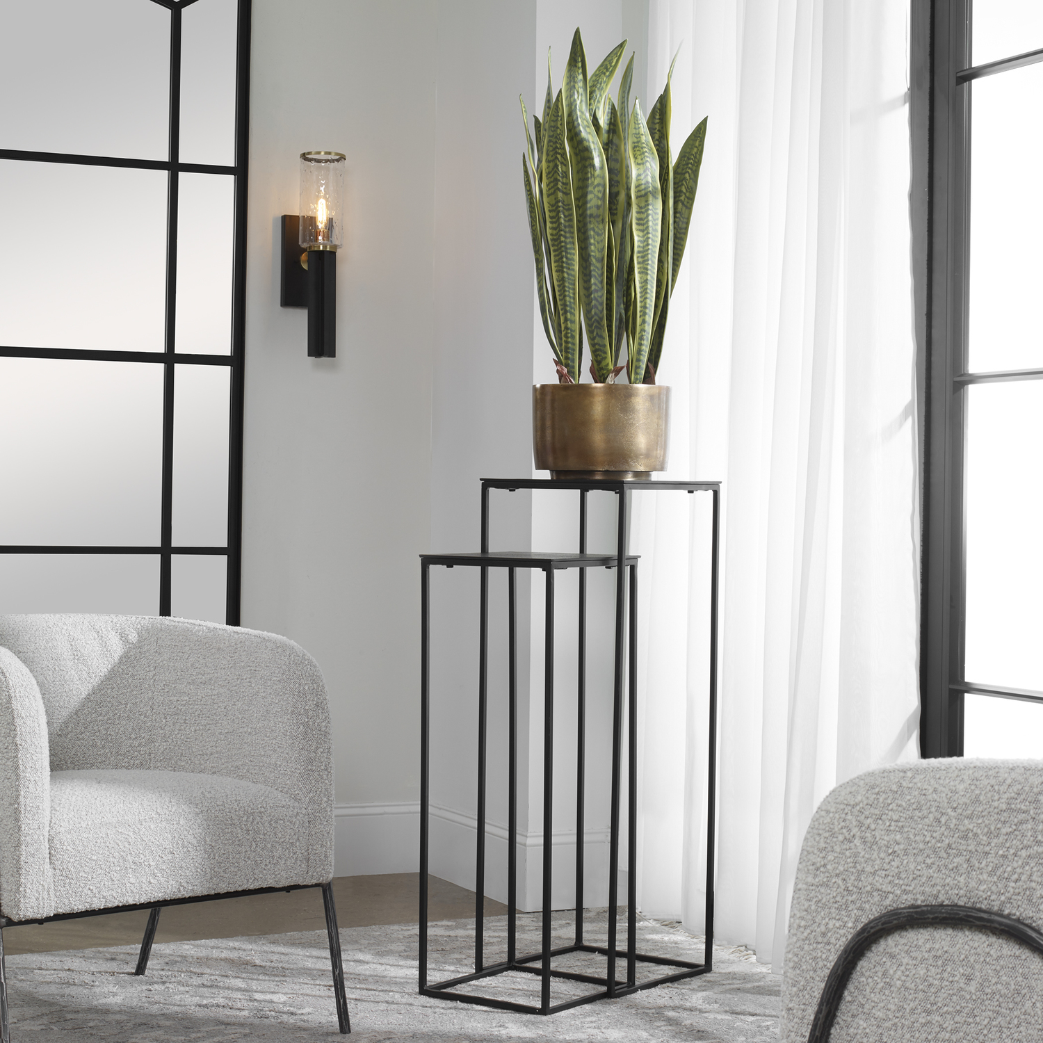 vintage mid century modern coffee table Uttermost Accent & End Tables Functional Nesting Pedestals Constructed In An Aged Black Iron, Featuring A Textured Cast Aluminum Slab Top Finished In A Plated Antique Bronze. Sizes: Sm-13x34x13, Lg-14x40x14