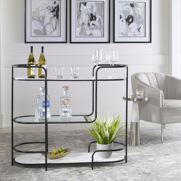 cheap black coffee table Uttermost Console Inspired By A Mix Of Classic Mod Design And Contemporary Styling, This Multifunctional Piece Can Serve As A Bar, Server, Or Console Table. The Curved Iron Frame Is Finished In Satin Black, Accented By White Marble And Tempered Glass Shelving. Because Of The Natural Characteristics Of Marble, Each Piece Will Have Unique Veining Patterns.