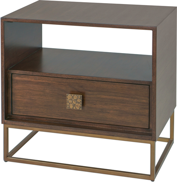 black metal coffee table Uttermost Accent & End Tables Versatile Function With Modern Styling, Fully Finished In A Dark Walnut Over Walnut Veneer. Features An Open Pass-through For Decorative Storage And A Pull-out Drawer With An Embossed Metal Pull Finished In Antique Brass, Set Atop A Brushed Brass Open Framed Iron Base.