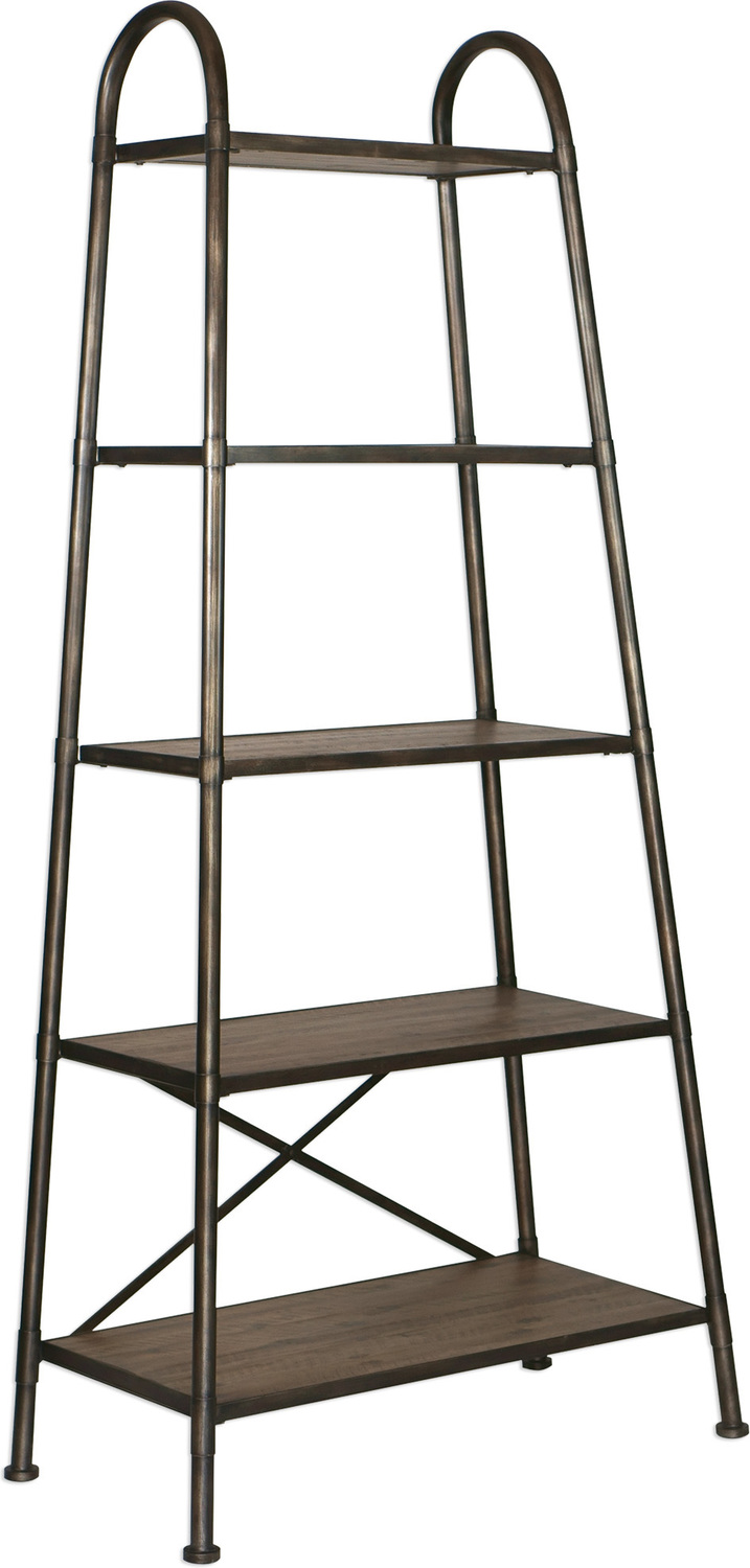 bookshelf styling ideas Uttermost Etagere This Urban Industrial Display Piece Provides Ample Storage Space Waiting To Be Accessorized. Features A Sturdy Iron Framework Finished In A Brushed Steel, With Distressed Acacia Wood Shelving Finished In A Warm Walnut Stain With A Light Gray Glaze.