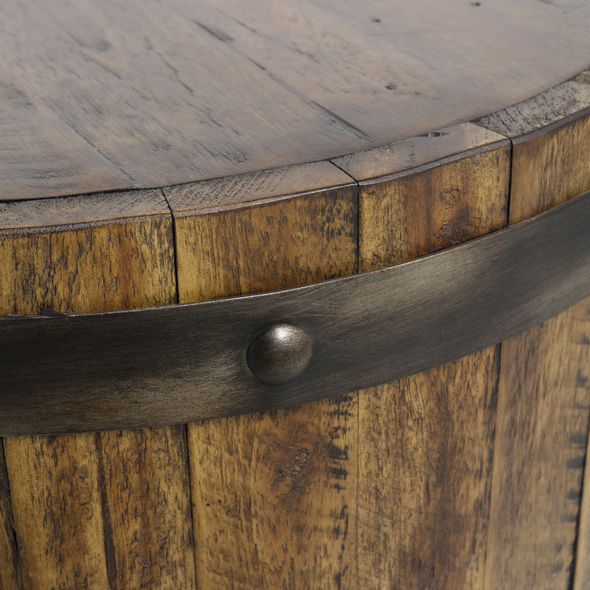 hall table ideas Uttermost Accent & End Tables Capturing The Essence Of An Authentic Wine Barrel, This Solid Distressed Acacia Wood Piece Is Finished In A Weathered Walnut Stain, Complete With Iron Sheet Metal Strapping Accented With Riveted Details In A Burnished Brushed Steel.