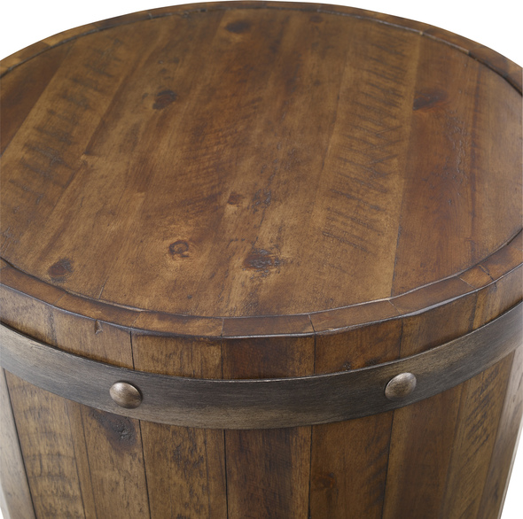 hall table ideas Uttermost Accent & End Tables Capturing The Essence Of An Authentic Wine Barrel, This Solid Distressed Acacia Wood Piece Is Finished In A Weathered Walnut Stain, Complete With Iron Sheet Metal Strapping Accented With Riveted Details In A Burnished Brushed Steel.