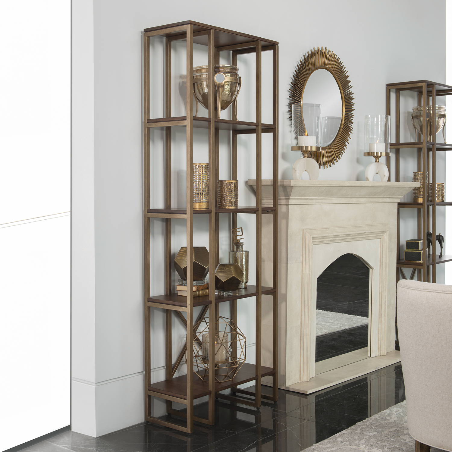 bookcase display ideas Uttermost Etageres Shelves and Bookcases Easily Display Items On This Transitional Etagere, Finished In A Brushed Antique Gold And Accented By Four Acacia Veneer Fixed Shelves In A Rich Dark Walnut Stain.