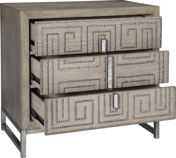 dresser cheap near me Uttermost Chests & Cabinets Layered In Oak Veneer In A Soft Mushroom Gray Finish, This Solid Wood Three Drawer Chest Showcases A Geometric Studded Design Finished In Aged Pewter Paired With Mirror Accented Hardware Atop A Coordinating Solid Iron Base.