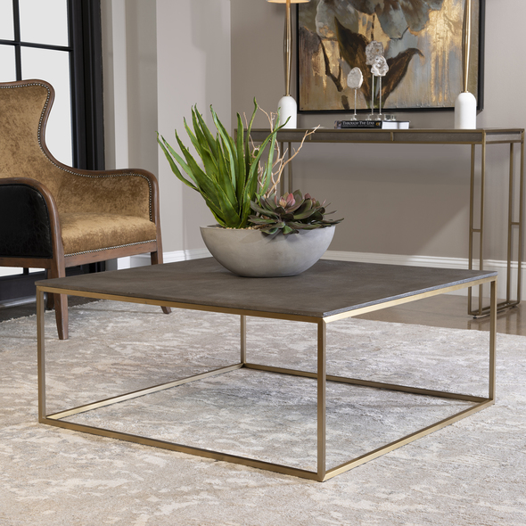 glass coffee and end table sets Uttermost Cocktail & Coffee Tables Inspired By Modern Styling, This Coffee Table Features A Beveled Faux Shagreen Wrapped Top In Charcoal Gray Paired With A Sleek Stainless Steel Base Finished In Brushed Brass.