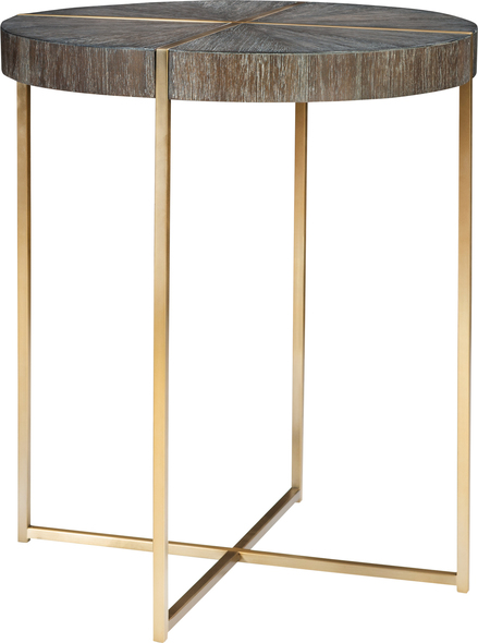 mcm coffee table Uttermost Accent & End Tables Contemporary In Style, This Accent Table Features A Stainless Steel Framework Finished In A Brushed Brass With A Round Acacia Veneer Top In A Dark Walnut Stain Washed With A Light Gray Glaze.