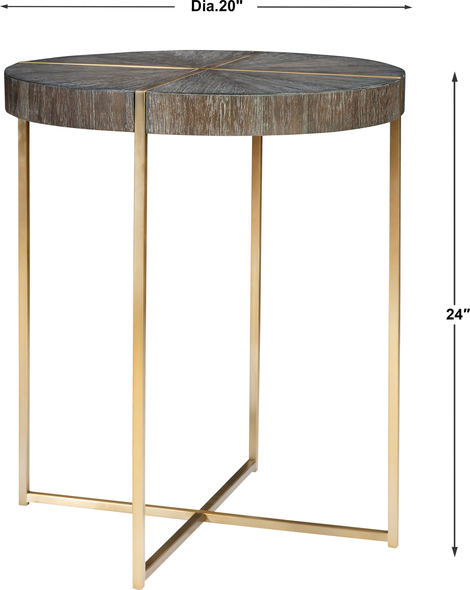 mcm coffee table Uttermost Accent & End Tables Contemporary In Style, This Accent Table Features A Stainless Steel Framework Finished In A Brushed Brass With A Round Acacia Veneer Top In A Dark Walnut Stain Washed With A Light Gray Glaze.