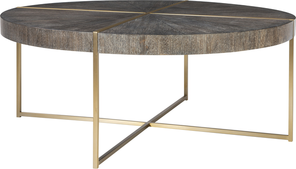 rattan wicker coffee table Uttermost Cocktail & Coffee Tables Contemporary In Style, This Coffee Table Features A Stainless Steel Framework Finished In A Brushed Brass With A Round Acacia Veneer Top In A Dark Walnut Stain Washed With A Light Gray Glaze.