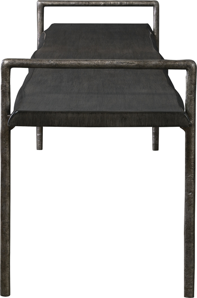 sofa footstool with storage Uttermost Wooden Bench Modern Lodge Styling, Featuring A Solid Acacia Wood Seat With A Live Edge Look Stained In A Dark Gray With An Organically Textured Iron Frame Finished In Tarnished Silver.