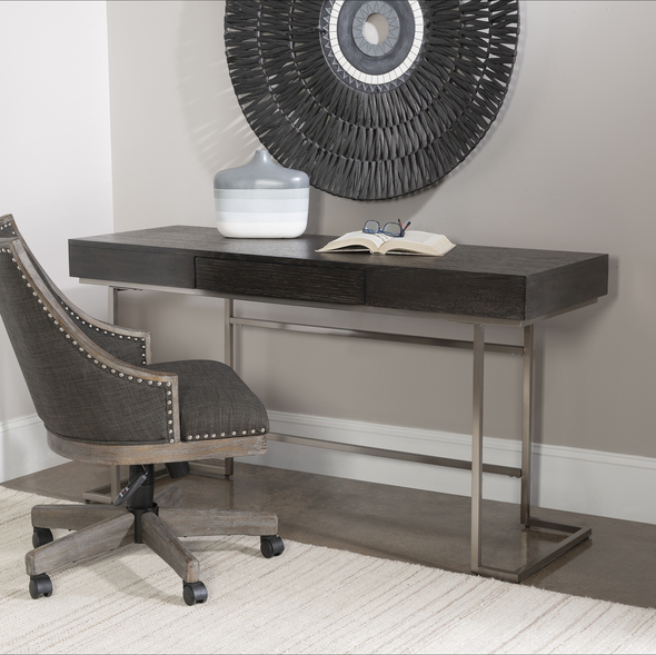 basic desks Uttermost Desk Desks Outfit Your Office With This Clean-lined Contemporary Desk, Featuring An Oak Veneer Top Finished In A Smoke Gray With A Subtle Light Gray Wash, Atop A Stainless Steel Base Finished In A Plated Brushed Nickel. Has A Touch Latch Keyboard Drawer That Flips Down For Optimal Storage.