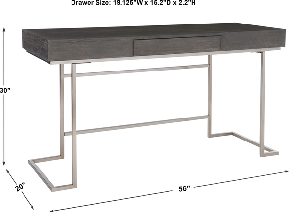 basic desks Uttermost Desk Desks Outfit Your Office With This Clean-lined Contemporary Desk, Featuring An Oak Veneer Top Finished In A Smoke Gray With A Subtle Light Gray Wash, Atop A Stainless Steel Base Finished In A Plated Brushed Nickel. Has A Touch Latch Keyboard Drawer That Flips Down For Optimal Storage.