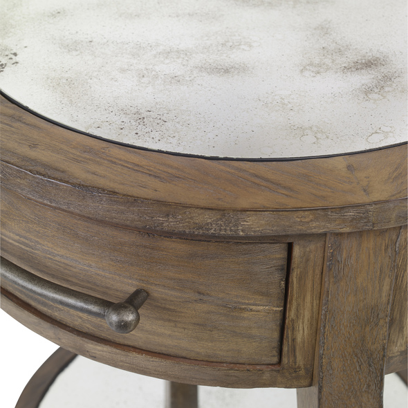 designer end tables Uttermost Accent & End Tables A Rustic Casual And Versatile Look, Constructed From Select Hardwoods With A Mango Veneer, Finished In A Weathered Pecan With A Gray Wash. Inset With Antique Mirrors On The Top And Gallery Shelf And Accented With An Industrial Bar Pull In Lightly Burnished Iron.